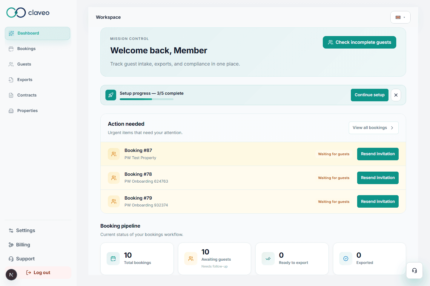 Claveo dashboard showing action needed and booking pipeline status