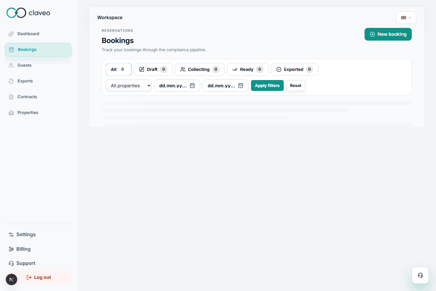 Claveo bookings workspace showing the compliance workflow